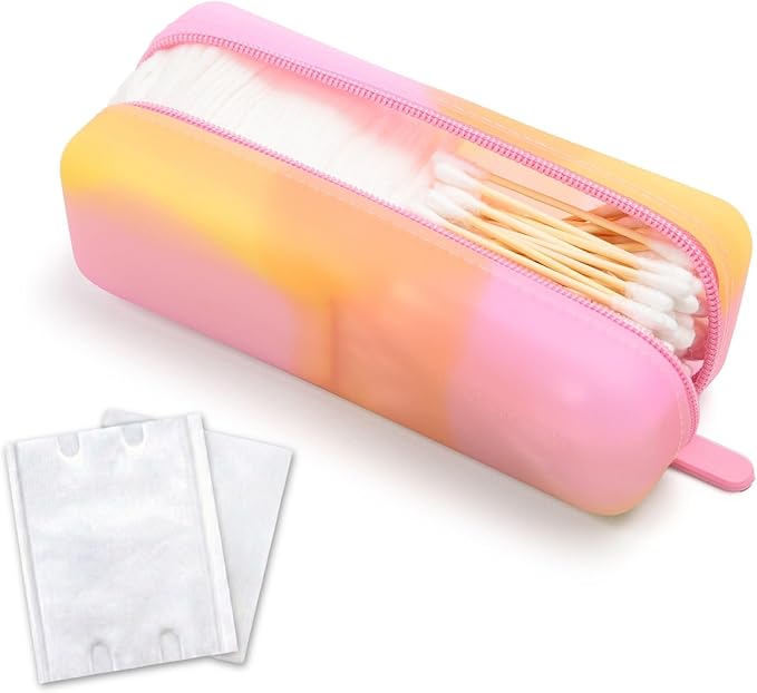 Cotton Pad Swab Travel Case – 2-in-1 Portable Waterproof Qtips Dispenser for Cotton Square Pad & Qtip, Floss, Bobbi Pin, Nail Kit, Hair Accessories Organizer TSA Compliance – VISFRESH (Peach Sunrise)