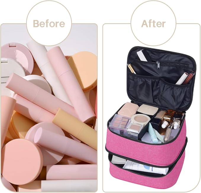 Double Layer Makeup Bag Portable Large Cosmetic Case Organizer with Adjustable Dividers Storage Travel Bag for Accessories Brushes Conditioner and Skin Care Products (Wine)