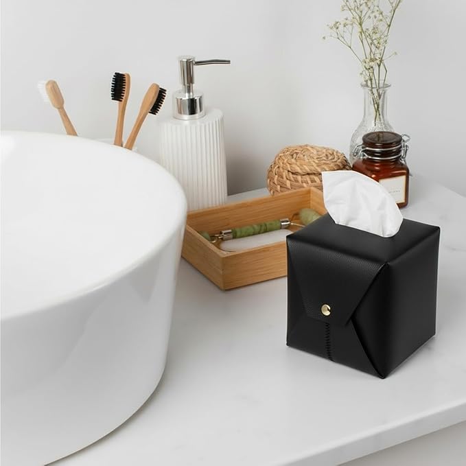 Tissue Box Cover Square, Leather Tissue Holder Organizer with Side Openings for Bathroom, Vanity, Tabletop, Office (2Pack-Black)