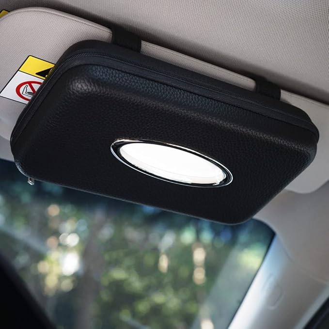 Sun Visor Tissue Holder, Zipper Napkin Holder, PU Leather Backseat Tissue Case for Car, Vehicle (Black)