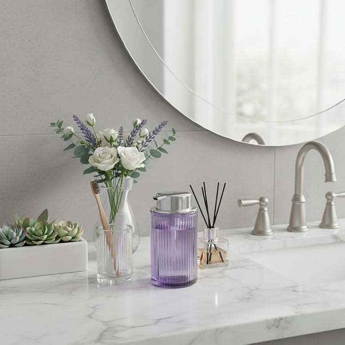 Foaming Soap Dispenser, 12 Oz Purple Glass Foam Hand Soap Dispenser, Refillable Glass Foam Pump Bottle Container Decorative Slim Ribbed Bottle for Bathroom and Kitchen
