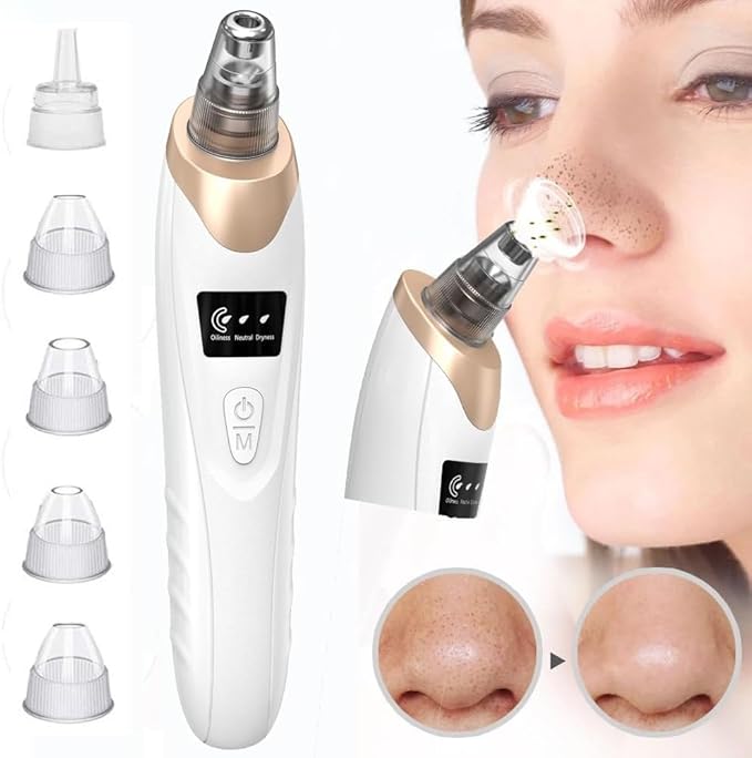Blackhead Remover Vacuum - Professional Blackhead Extractor for Face with 3 Adjustable Suction Levels, USB Rechargeable Pore Cleaner, and 5 Interchangeable Probes (Off-White)