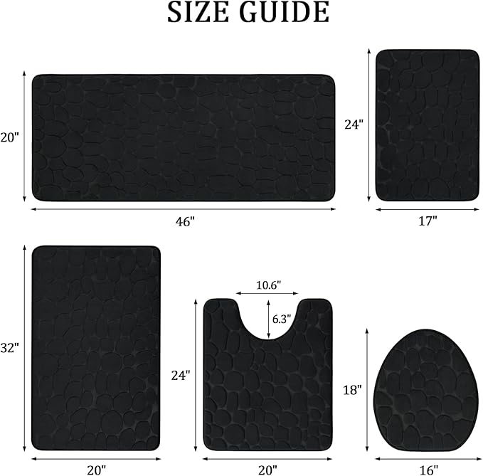 YIHOUSE Bathroom Rugs Mat Set 5 Piece Black, Memory Foam Bath Mats Sets, Non Slip Water Absorbent Washable Bath Rugs for Sink, Toilet and Floor