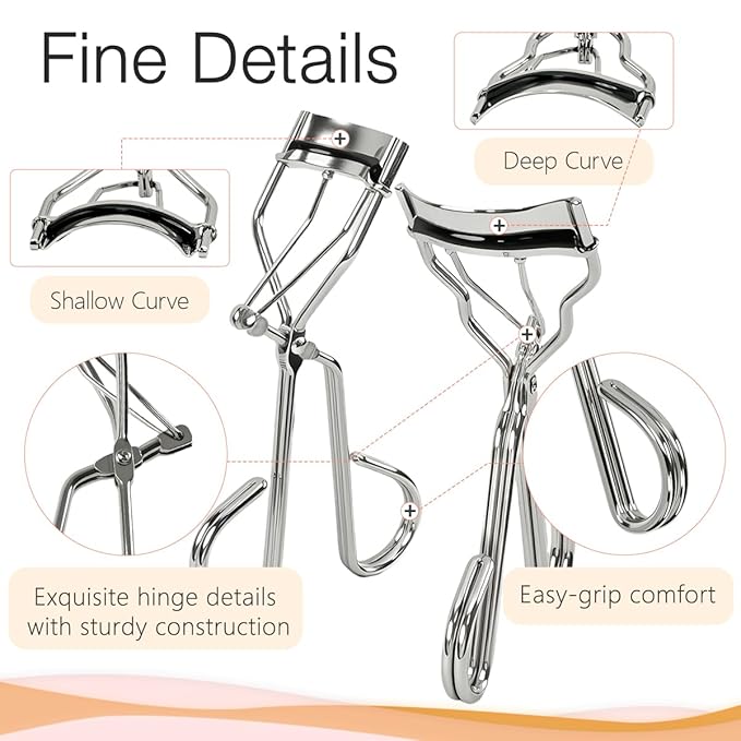 2 Kinds of Eyelash Curlers with Different Curvature Suitable for Various Eyes Shapes, Silver Comfort Grip,10 Silicone Replacement Refills Pads for Perfect Framed Lashes - Gentle & Safe Use