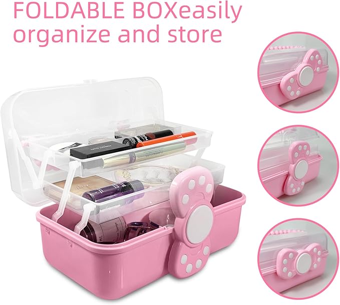 10.6in 3-Layer Multipurpose Storage Box Art Craft Organizer Storage Box Kids Clear Plastic Portable Storage Box/Tool Box with Handle for Sewing,Cosmetic,Medicine,Nail,Hair Accessories (Pink)