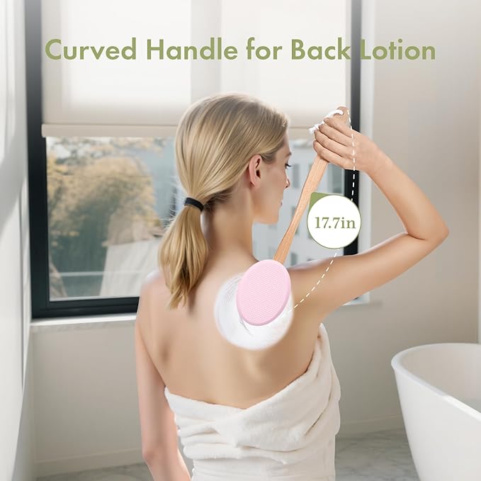 AmazerBath Lotion Applicator for Back, Feet, 2 Replacement Pads with 17" Curved Handle, Back Sunscreen Applicator for Kids, Elderly, Women, Apply Cream Medicine Moisturizer Tanner, Pink