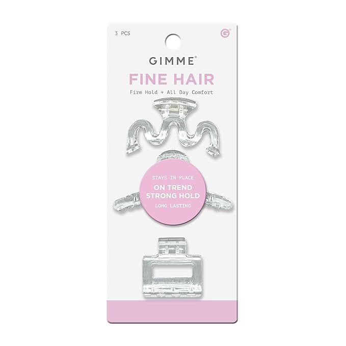Gimme Beauty Fine Hair Claw Clips - Durable, No-Slip Design for Thin Hair - Mini Claw Clips Made from Strong & Break-Resistant Recycled Plastic - 3 Pack, Clear