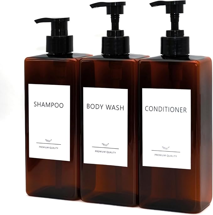 Shampoo and Conditioner Dispenser Set, 3Pack Refillable Shampoo and Conditioner Bottles with Labels, 500ml Soap Dispenser 16.9oz Shower Dispenser Square Pump Bottle for Bathroom and Kitchen - Amber