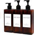Shampoo and Conditioner Dispenser Set, 3Pack Refillable Shampoo and Conditioner Bottles with Labels, 500ml Soap Dispenser 16.9oz Shower Dispenser Square Pump Bottle for Bathroom and Kitchen - Amber