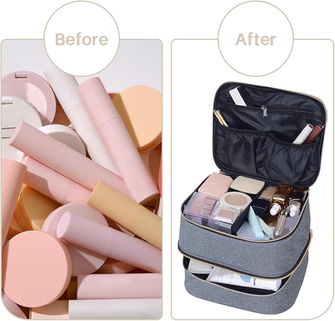 Double Layer Makeup Bag Portable Large Cosmetic Case Organizer with Adjustable Dividers Storage Travel Bag for Accessories Brushes Conditioner and Skin Care Products (Gray Gold)