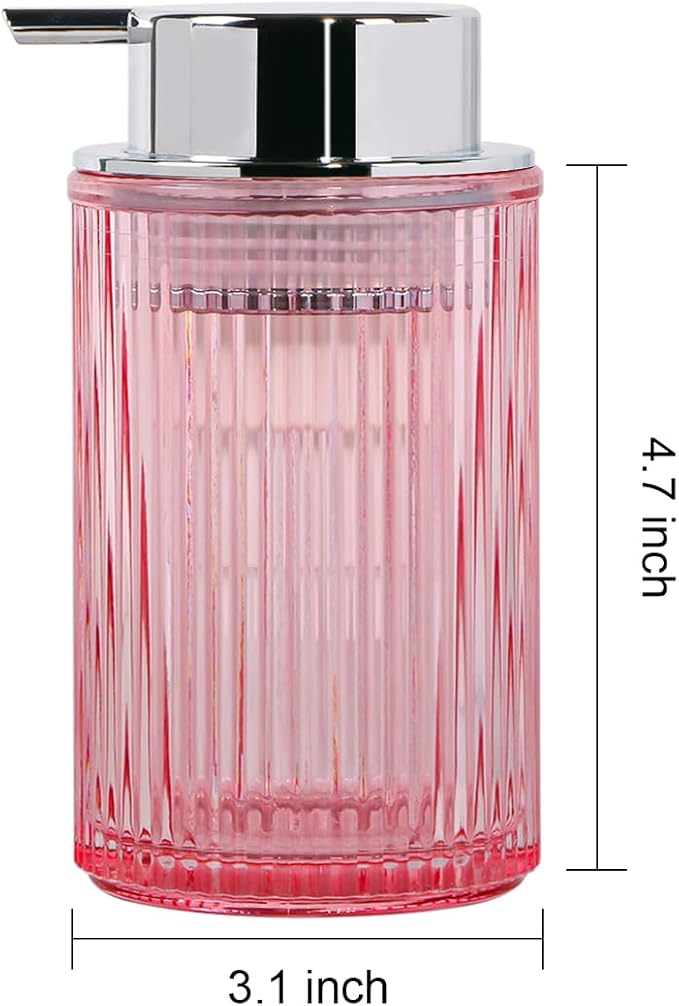Foaming Soap Dispenser, 12 Oz Pink Glass Foam Hand Soap Dispenser, Refillable Glass Foam Pump Bottle Container Decorative Slim Ribbed Bottle for Bathroom and Kitchen