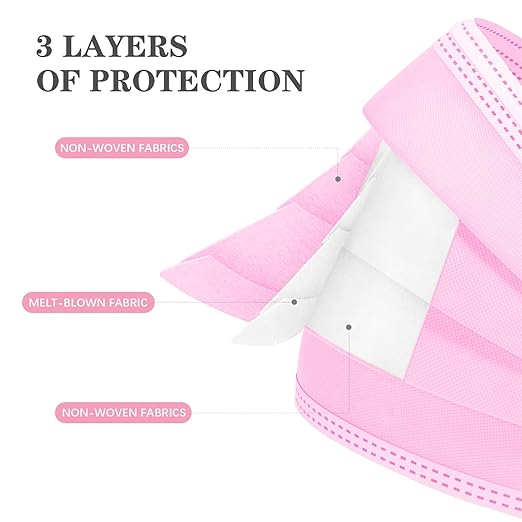DC-BEAUTIFUL 100 Pcs Pink Disposable 3 Ply Earloop Face Masks,Fit for Adults