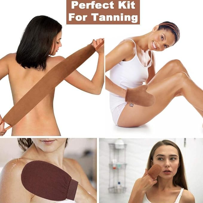 GAIYAH Self Tanning Mitt Applicator Kit, Self Tanner Mitt Set Includes Self Tanner Back Applicator, Exfoliator Glove and Finger Face Tanning Glove