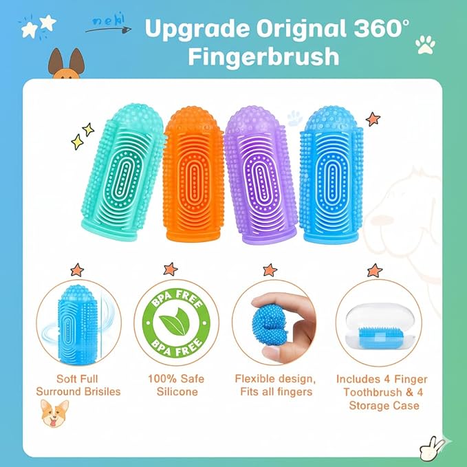 Dog Finger Toothbrush 4-Pack – Pet Tooth Brushing Kit for Dogs & Cats, Puppy & Adult Dental Care – Soft Silicone Finger Brushes for Teeth Cleaning (Blue, Green, Orange, Purple)