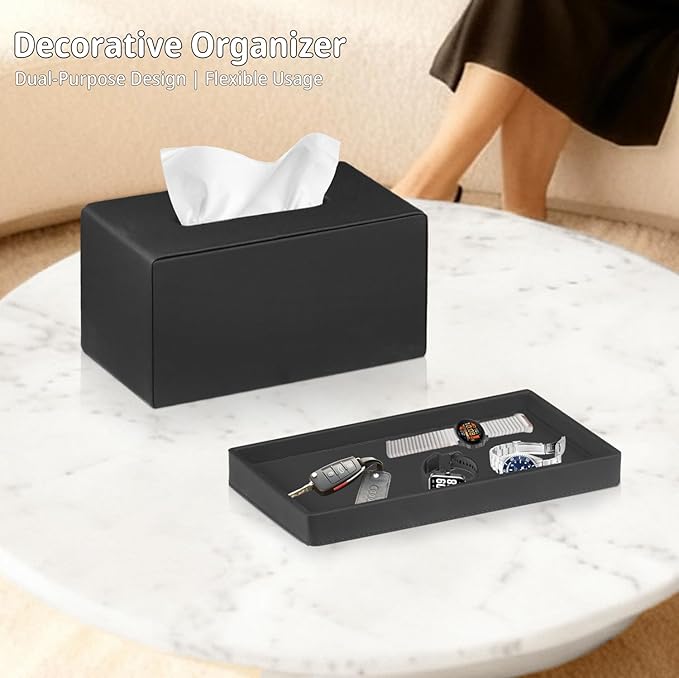 PU Leather Tissue Box Cover Rectangle with Detachable Storage Tray,Fits 230-Count Box Tall Rectangular,Modern Decorative Tissue Box Holder/Organizer for Bathroom,Bedroom Dresser,Night Stand