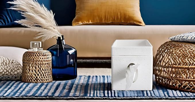 Hymmah Tray Tissue Box Cover Holder Unique Cube Design Tissue Dispenser Cover Decor for Vanity Counter Tops Also Great for Bedroom and Living Room White