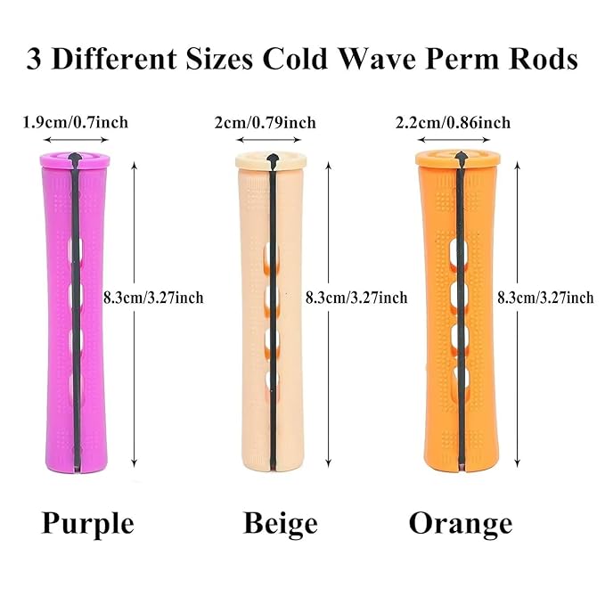 60Pcs Hair Perm Rods Set - 3 Sizes Plastic Cold Wave Rods with Elastic Rubber Band Non Slip, Perming Rods for Long Short Natural Hair Hairdressing Tools（Purple+Orange+Beige)