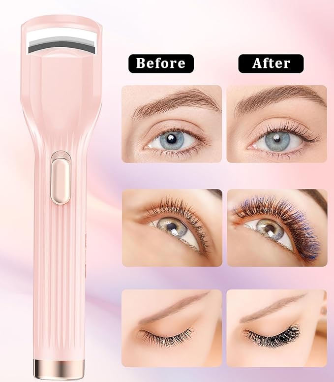 Heated Eyelash Curler Premium PRO - Fast Heat up in 8s - 24 Hours Long Lasting - Rechargeable Electric Eyelash Curler with Type-C, Innovative L Silicone, 2 Heat Modes, Anti-Burn Eyelid, Pink-FD