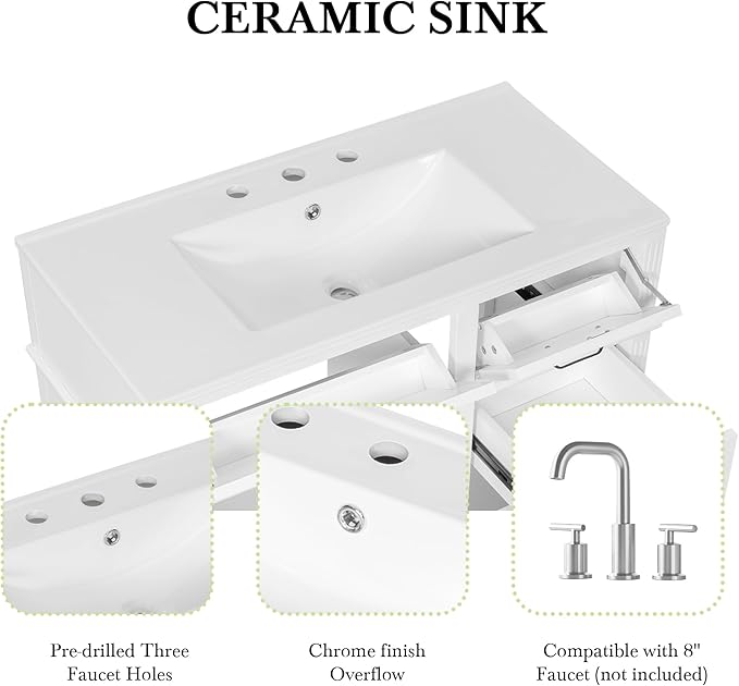 Harper & Bright Designs 36" Bathroom Vanity with Sink, Free Standing Vanity Set with 4 Drawers, Storage Racks, and Adjustable Shelf, Wood Bathroom Cabinet with Ceramic Basin for Bathroom, White
