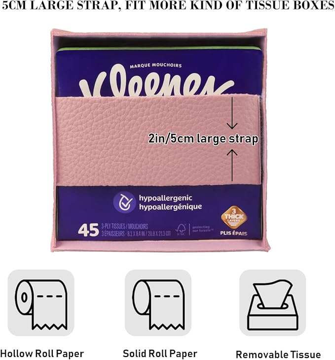 Tissue Box Cover Holder Square Tissue Cube Cover PU Leather Tissue Organizer with Bottom Belt for Bathroom, Tabletop, Car, Night Stands, Office, Home, Kitchen (2, PrettyPink)