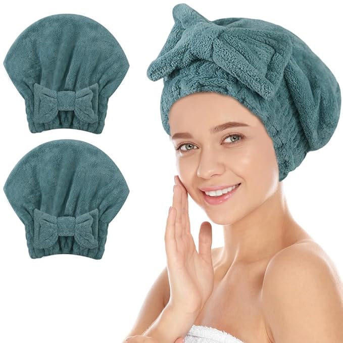 SUNLAND Large Microfiber Hair Drying Caps with Bow Knot Fast Drying Shower Cap Soft and Absorbent hairWrap Hair Turban Bath Caps for Curly Thick and Wet Hair 11 X 13.4 inch 2 Pack Dark Green
