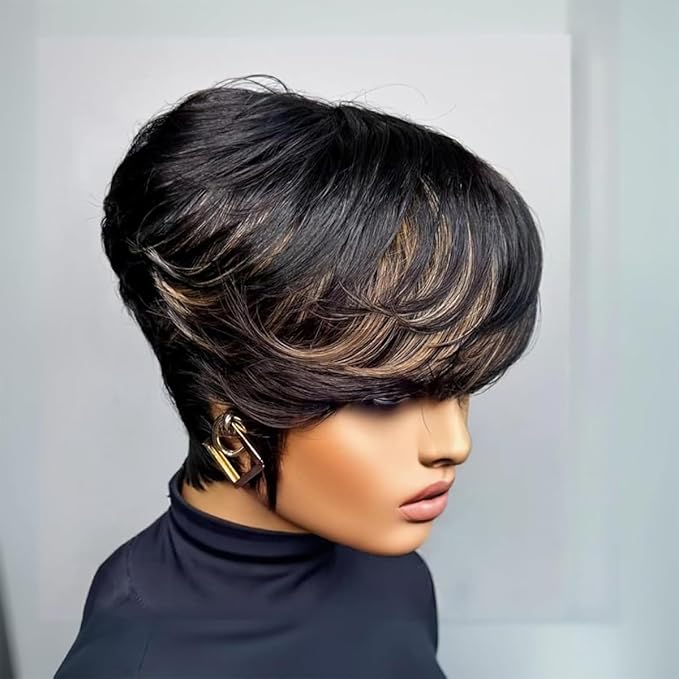 Adette Basic Pixie Cut Wig Straight Style - 1B/27 Blonde Highlight 180% Density Brazilian Virgin Human Hair with Rose Net Cap, Glueless Machine Made for African American Women, Cosplay & Daily Wear
