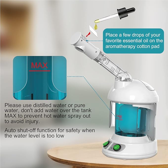Facial Steamer - Ozone Steamer with 360° Rotatable Arm - 40 Min Steam Time - Humidifier - Unclogs Pores - Blackheads - Portable Facial Steamer for Personal Care Use at Home or Salon,White