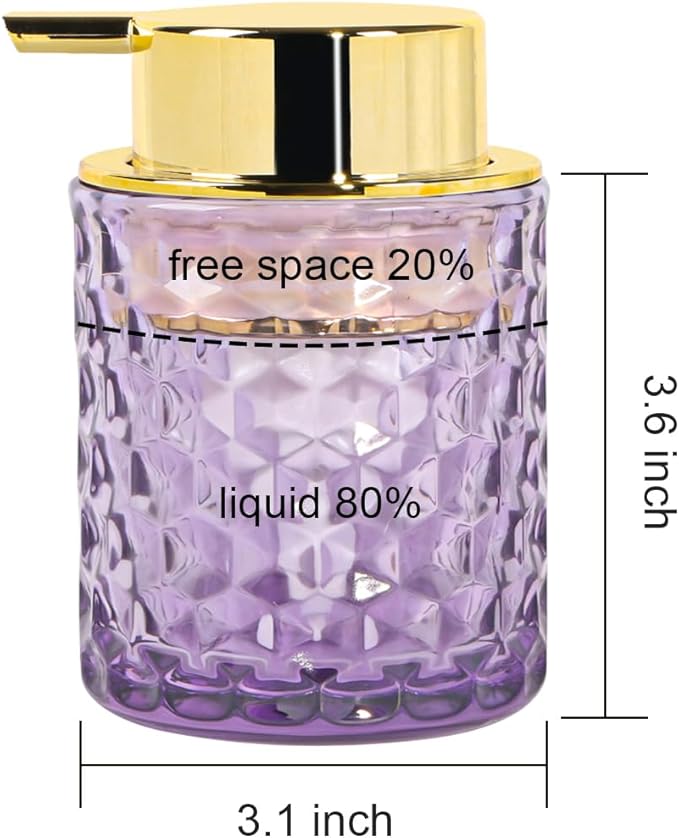 Purple Glass Foaming Soap Dispenser, Bathroom Refillable 10 Oz Foam Hand Soap Dispenser, Vintage Lotion Shampoo Container Gold Large Pump Bottle for Bathroom Countertop and Kitchen Decor