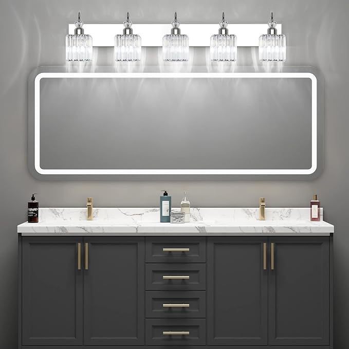 Ralbay Chrome Crystal Vanity Lights 5-Lights 40'' Modern Crystal Bathroom Light Fixtures Modern Crystal Vanity Lighting Over Long Mirror Bathroom Wall Lighting Fixtures