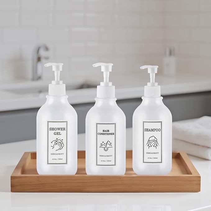 Shampoo and Conditioner Dispenser, Refillable Plastic Shampoo Pump Bottles with Waterproof Labels, Empty Body Wash Dispenser Set for Bathroom, Shower Soap Bottles (White)