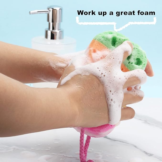 BTYMS 3 Pieces Exfoliating Bath Sponge Body Sponges Shower Loofah Soft Bathing Pouf Foam Lufa Body Scrubber