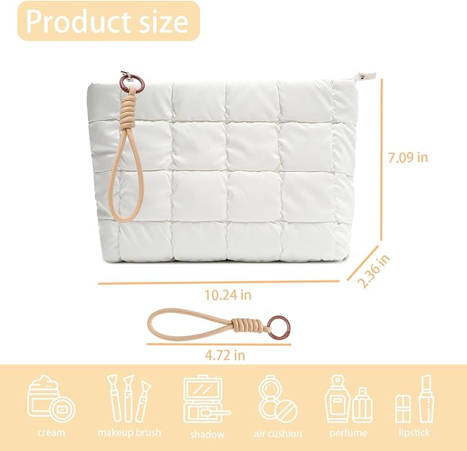 Puffer Quilted Makeup Bag Travel Cosmetic Bag Portable Puffy Checkered Toiletry Pouch Skincare Organizer Purse Pencil Case (White)