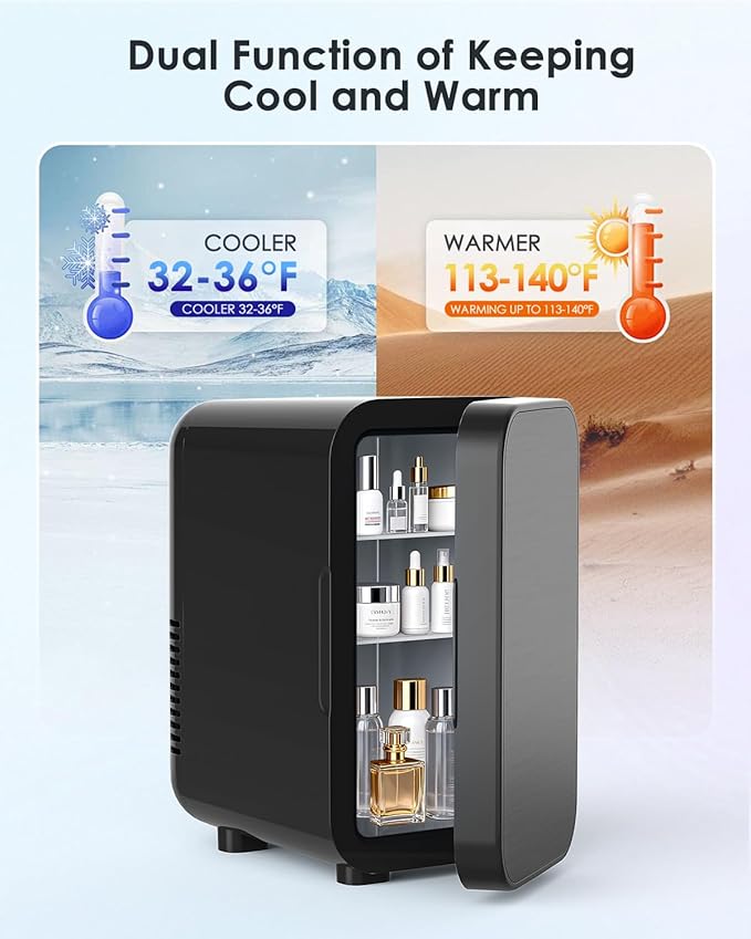 Skincare Fridge with Glass Panel, 6L Mini Fridge for Home/Car, AC/DC Portable Thermoelectric Cooler and Warmer, Makeup Mini Compact Refrigerator for Skincare Cosmetics Food Drinks (Black)