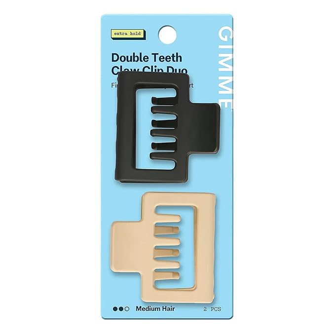 Gimme Beauty Square Double Teeth Claw Clip - Extra Grip Accessory Set - Perfect for Medium Hair - Lasting Hold for Everyday Wear - Trendy, Non-Slip Cilp Duo for Women - Black & Tan, 2 Pack