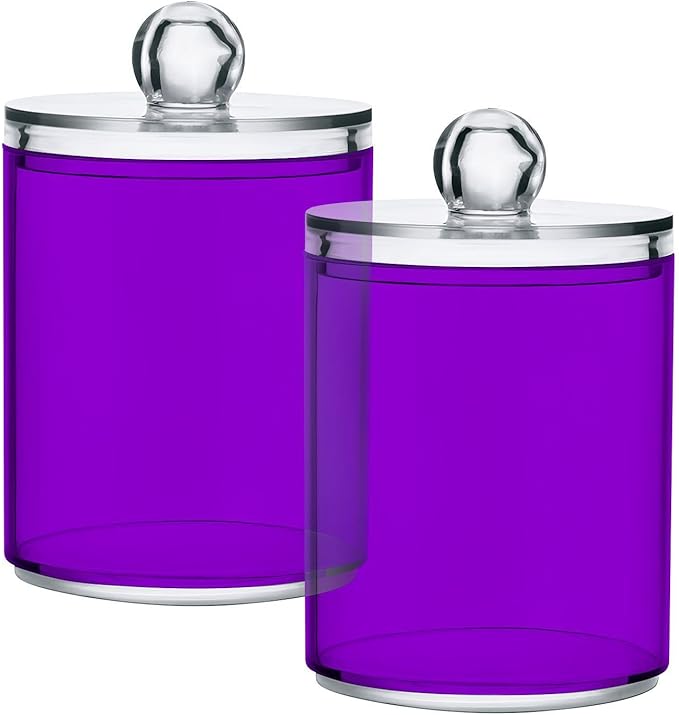 Purple Qtip Holder Organizer Dispenser Cotton Swabs Cans Plastic Jars with Lid Set 4 Pack Bathroom Storage Canister for Cotton Ball Floss Cotton Pads