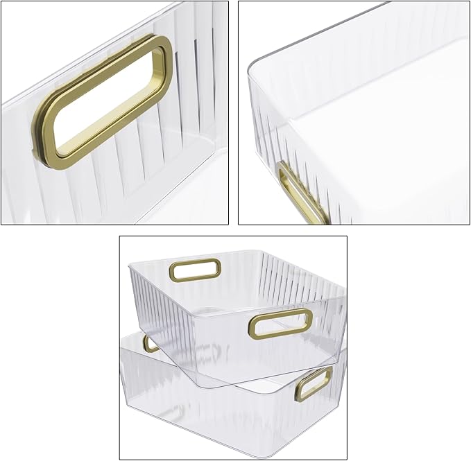 4 Packs Clear Plastic Storage Bins, Pantry, Home, Kitchen, Office, Cabinet, Shelf and Fridge Organizer Basket Bin with Handle
