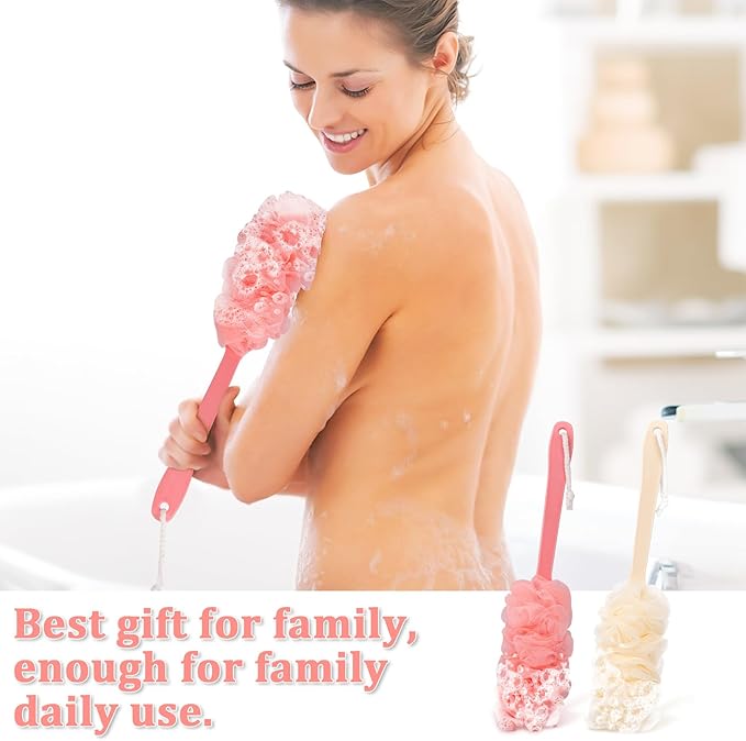 2Pack Back Scrubber for Shower Loofah with Long Handle, Shower Brush for Body, 17″ Loofah on a Stick for Men Women Bathing Accessories, Scrubber Sponge for Exfoliating Bath Brushes (Beige & Pink)