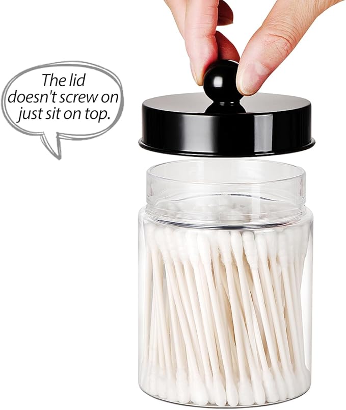 3PC Farmhouse Decor Qtip Holder Apothecary Jars Bathroom Vanity Storage Organizer -Countertop Canister Container &Cute Stickers for Cotton Swab, Ball,Pad,Floss ,Paper Clips (Black，Plastic)