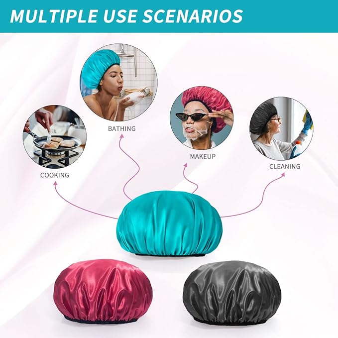 Aquior Shower Cap for Women Reusable, Extra Large Shower Cap for Men,Satin EVA Double Layer Waterproof Hair Cap For Long Hair, 4 Pieces