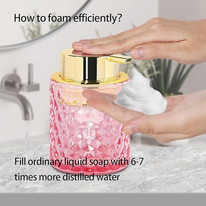 2pcs Pink Glass Foaming Soap Dispenser, Bathroom Refillable 10 Oz Foam Hand Soap Dispenser, Vintage Lotion Shampoo Container Gold Large Pump Bottle for Bathroom Countertop and Kitchen Decor