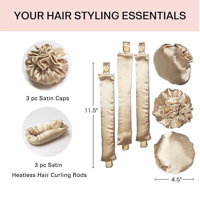 3Sets/6PCS Ariuvor New Satin Heatless Hair Curler,Hair Rollers for Heatless Curls with Hair Caps,Soft Heatless Curling Rod Headband for All Hair Types,No Heat Curling to Sleep in Overnight (2-beige)