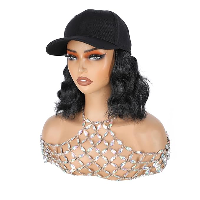 GUOJIAN Hat Wigs for Women 6' Short Wave Baseball Cap Wigs with Curly Hair Extensions Synthetic Wave Wig Adjustable Hat with Hair Attached for Daily Use (1B, 6inch)