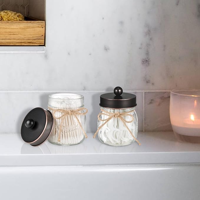 SheeChung Small Mason Jar, Glass Qtip Holder, Apothecary Jars with Lids, Bathroom Organizers and Storage, Bathroom Canister for Q-tips, Floss, Balls, Cotton Swabs, Farmhouse Decor-Oil Rubbed Bronze