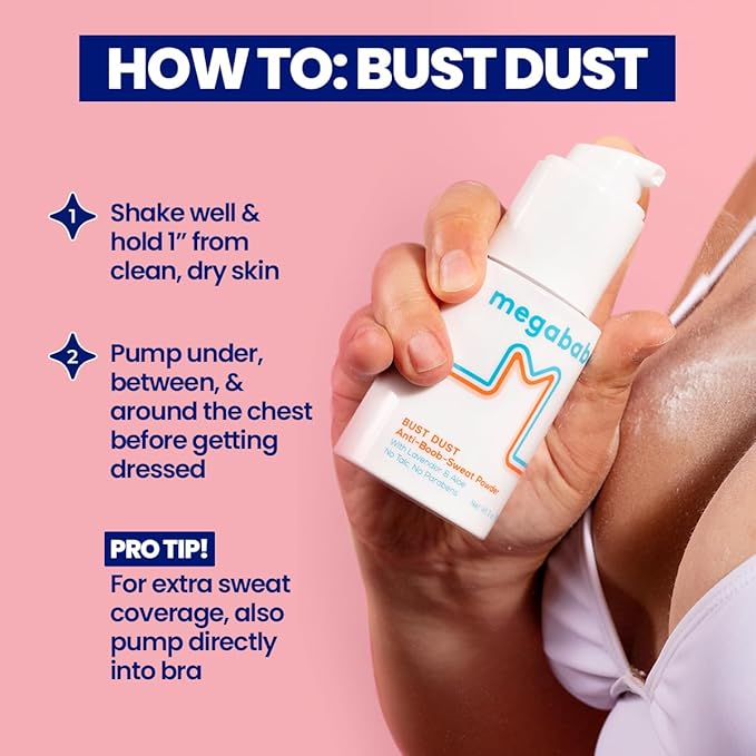 Megababe Sweat Absorbing Body Powder - Bust Dust, with Applicator Pump, Spring Break Must-Have, Talc-Free, All Natural, 3 oz