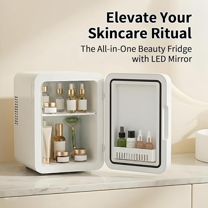 Lispin Mini Fridge for Bedroom, 4L Skincare Fridge with Dimmable LED Light Mirror for Dorm & Office, Portable Cooler & Warmer Small Compact Refrigerator for Skincare (White-4L)