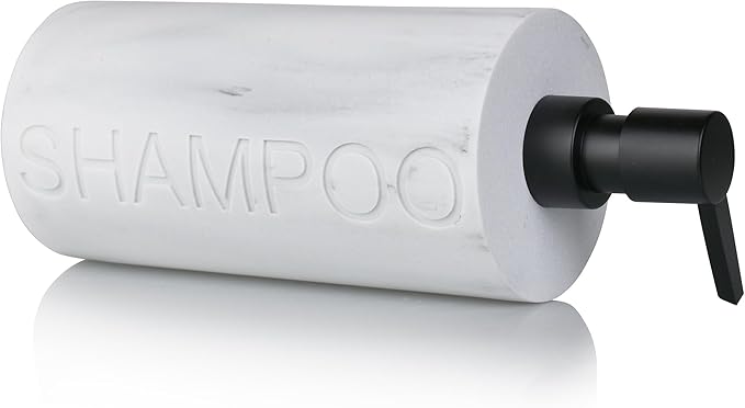 Resin White Marbled Shampoo Engraved Bottle Refillable Pump Dispenser, Durable Waterproof Construction for Bath, Shower - Resin White Marble - Matte Black Pump