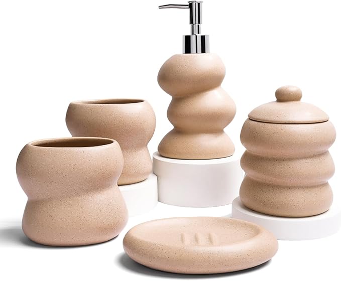 Bathroom Accessory Set 5PCS, Ceramic Bathroom Accessories Set, Irregular Shape Small Bathroom Sets Accessories Complete, Home Apartment Minimalist Decor Vanity Countertop, ANTIS'S HOME (Linen)