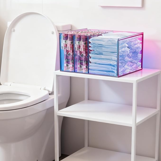 Tampon Storage Holder for Bathroom with Lid Rainbow Acrylic, Sanitary Napkin Holder, Feminine Pads Organizer Box with Removable Divider, Bathroom Accessories Box for Girl Stuff