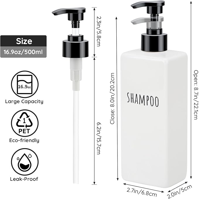 Segbeauty 16.9oz Shampoo and Conditioner Dispenser, 6pcs Empty Refillable Soap Dispenser Set, 500ml Plastic Square Soap Dispensers for Bathroom, Press Pump Body Wash Dispenser for Shower Bathroom