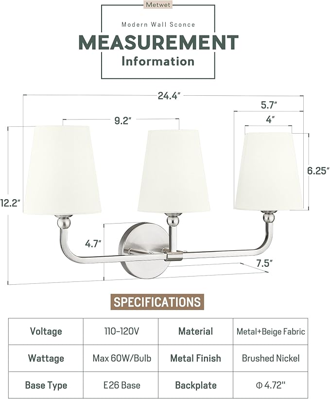 3-Light Bathroom Light Fixtures, Brushed Nickel Vanity Lights with Beige Fabric Shade, Modern Sconces Wall Lighting for Hallway Bedroom, Upward Lighting, VL837-BN-B-3